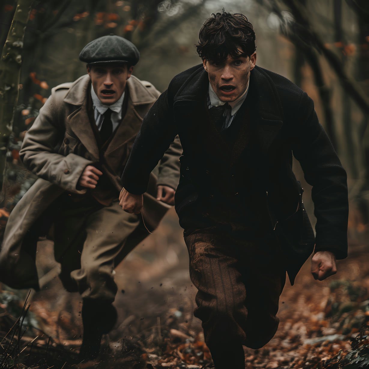 Two men in wartime overcoats running together through a forest