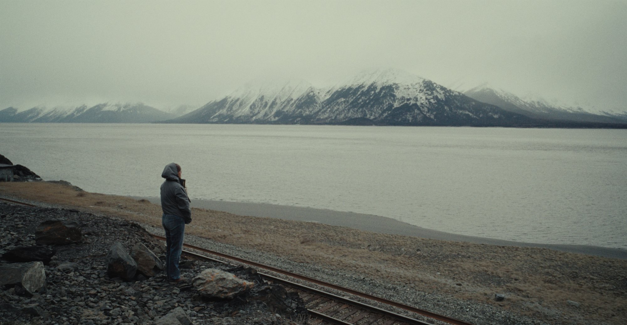 A figure on the Alaskan shore beneath snow covered mountains